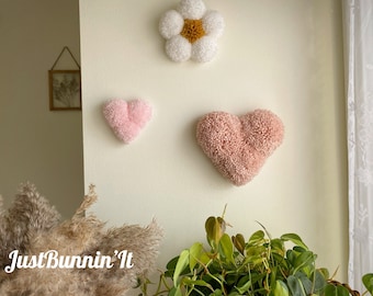 Retro Decor Heart Wall Hanging, Boho Nursery Decor Girl, Heart Shaped Wall Art, Pom Pom Hearts, 70s Nursery Decor, Hippie Nursery Decor