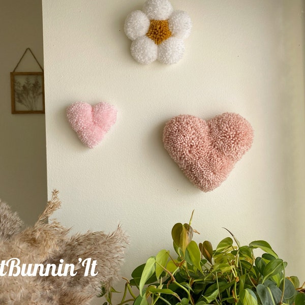 Retro Decor Heart Wall Hanging, Boho Nursery Decor Girl, Heart Shaped Wall Art, Pom Pom Hearts, 70s Nursery Decor, Hippie Nursery Decor