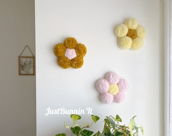 Boho Wall Decor Flowers The Original Pom Pom Flower Wall Hanging, Cozy Home Decor, 70s Decor, Boho Nursery Decor Girl, Retro Home Decor