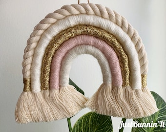 Blush & Gold Macrame Rainbow, Yarn Rainbow, Boho Nursery Decor Girl, Rainbow Wall Hanging, Cream Nursery Decor, Pink Gold Nursery Decor