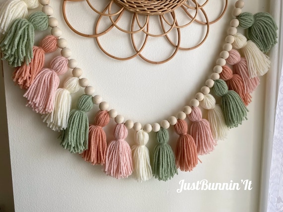 Blush and Sage Boho Nursery Decor Girl, Pink and Green Baby Shower Garland, Boho Wall Decor Bedroom, Sage Green Decor Tassel Garland