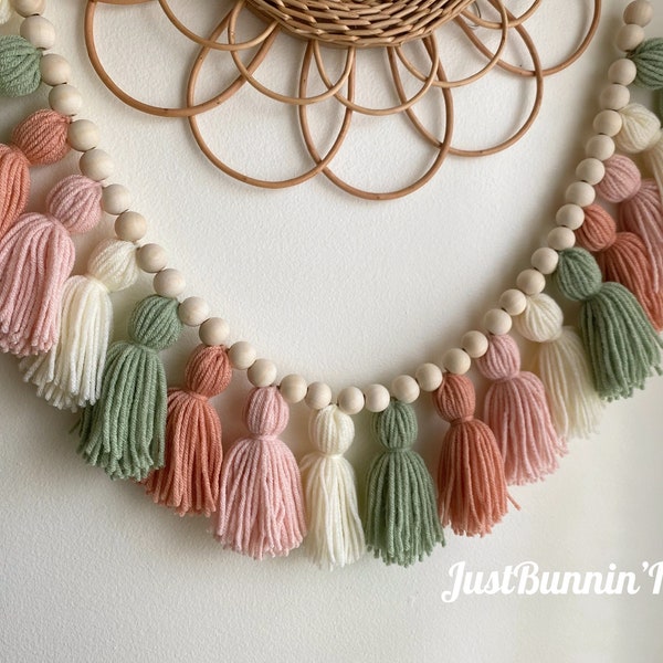 Blush and Sage Boho Nursery Decor Girl, Pink and Green Baby Shower Garland, Boho Wall Decor Bedroom, Sage Green Decor Tassel Garland