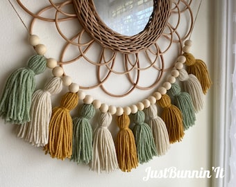 Sage & Mustard Boho Nursery Decor, Neutral Nursery Decor Dorm Wall Hanging Birthday Decoration, Green and Gold Nursery Art Bedroom Office