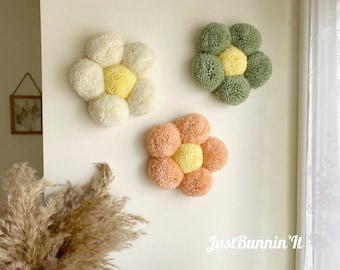 Pom Pom Flowers Wall Decor Set of 3, Retro Wall Art, Groovy Classroom Decor, Flower Wall Art, 70s Style Decor Floral, Peach, Sage & Cream