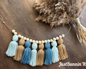 Blue Tassel Garland Home Decor Wall Hanging Textured Wall Art Nursery Decor Bedroom Living Room Mantle Dorm Office Classroom Birthday Prop