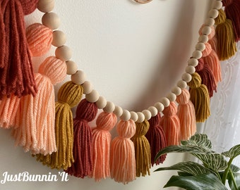 Peach Nursery Decor Tassel Garland, Boho Nursery Decor Girl Bedroom Wall Hanging, Peach and Coral Wall Art, Peach and Gold Baby Shower Decor