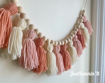 Blush & Cream Tassel Garland, Blush  Nursery Decor Girl, Pink Baby Shower Decor, Boho Wall Decor Girls Bedroom, Yarn Garland French Rose