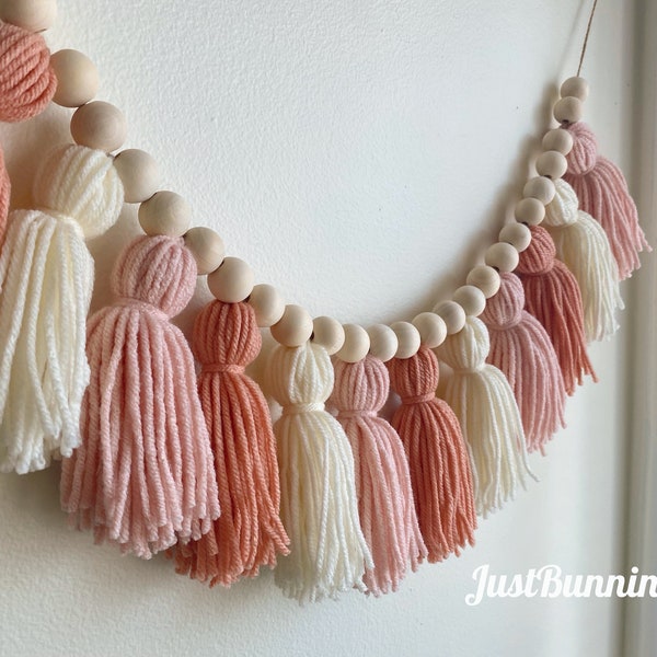 Blush & Cream Tassel Garland, Blush  Nursery Decor Girl, Pink Baby Shower Decor, Boho Wall Decor Girls Bedroom, Yarn Garland French Rose