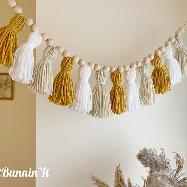 Mustard Yellow, Ivory & White Boho Tassel Garland, Boho Nursery Decor, Boho Wall Decor, Mustard Yellow Wall Art, Boho Mustard Wall Hanging