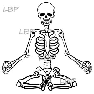 Peut inclure: Un dessin au trait noir et blanc d'un squelette assis en position de yoga avec le texte "Waiting on Zen".