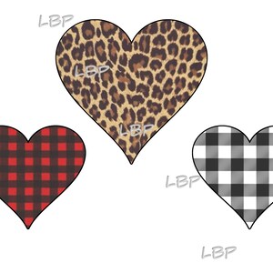 Valentine Hearts in Leopard, White & Black Buffalo Plaid und Red Buffalo Plaid, perfekt für Winter, Sublimation, jpeg, pdf, png und SVG