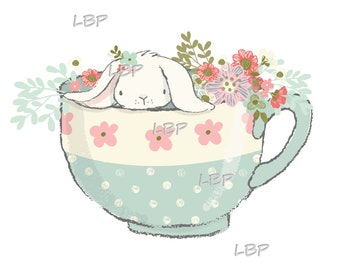 Bunny in a Teacup, Springtime Floral Arrangement with little Rabbit, Perfect for Prints, Pillows, Sublimation Download, jpg, pdf, png