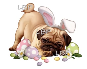 Easter Bunny Pug, Easter Puppy, Bunny Ears, Easter Eggs, Jelly Beans, Perfect for Prints, Pillows, Sublimation Download, jpg, pdf, png