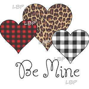 Be Mine Hearts in Leopard, White & Black Buffalo Plaid und Red Buffalo Plaid, perfekt für Winter, Sublimation, jpeg, pdf, png und SVG
