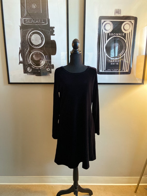 1990s Moda Intl Black Velvety Long Sleeve Dress