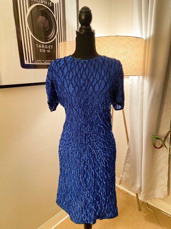 1980s American Night Royal Blue Sequin Dress