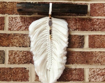 Eucalyptus wood, Boho Macrame Feather, macrame wall hanging