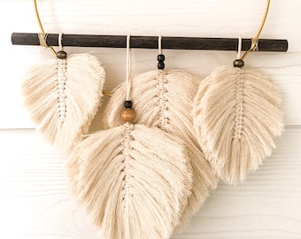 Macrame Leaf, feather wall hanging, boho macrame feather, gold hoop macrame leaf, large macrame wall hanging