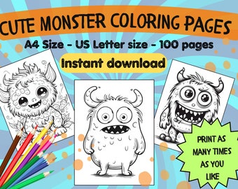 Cute monster coloring book, 100 sheets, halloween gift ideas, home school busy book, adult teen kids coloring pages, anxiety relief