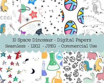 Space Dinosaur Seamless Digital Papers, 10er Set, Papiere für Kinder, 12x12 JPEG, Stoffmuster für Kinderzimmer, digitale Papiere für Kinderzimmer,