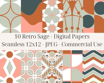 Retro Sage Seamless Digital Papers, 10er Set, Retro digitale Kunst, 12x12 JPEG, Digitales Muster, digitale Scrapbook Papiere, Retro Muster