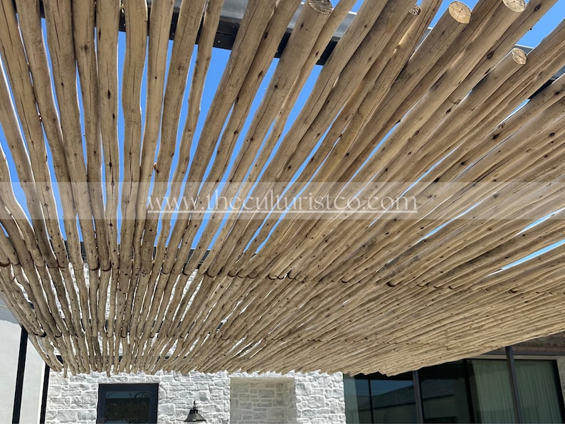 May include: A natural wood pergola roof with numerous parallel wooden beams. The beams are light brown and arranged in a slightly angled pattern, creating a textured surface. The sky is visible through the gaps between the beams. The website address www.theculturistco.com is visible.