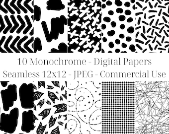 10 Black and White Seamless Digital Papers, Monochrome digital art, 12x12 JPEG, digital download scrapbook papers, back to school halloween