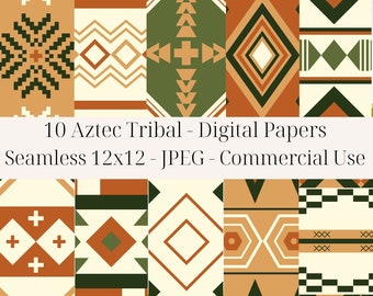 Tribal Aztec Seamless Digital Papers, Set of 10, Tribal digital art, 12x12 JPEG, Digital pattern, digital scrapbook papers, Aztec pattern