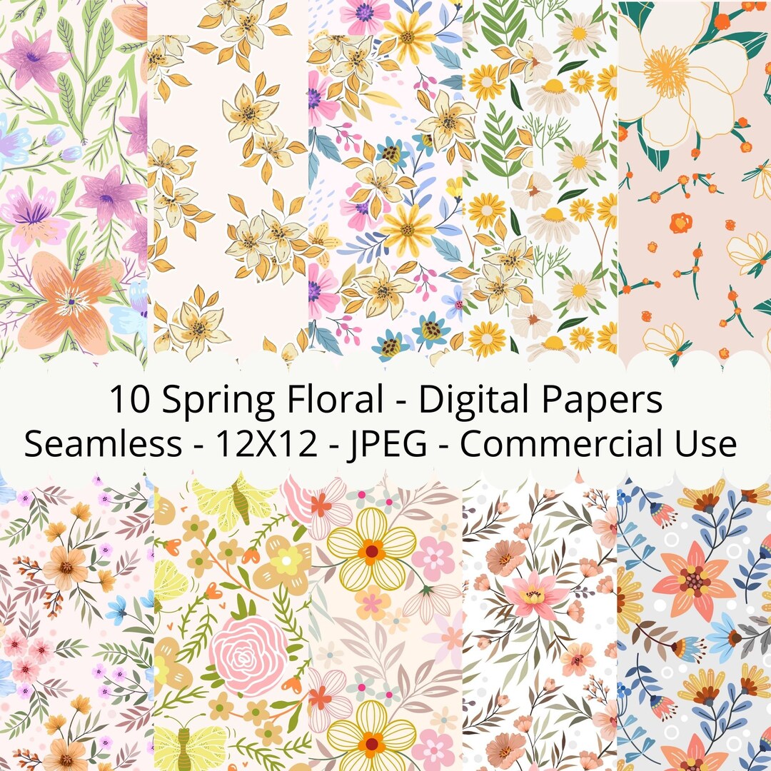 Spring Floral Seamless Digital Papers, Set of 10, Floral Digital Art ...