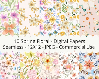 Frühling Floral Nahtlose digitale Papiere, 10er Set, florale digitale Kunst, 12x12 JPEG, Digitales Muster, digitale Scrapbook Papiere, Florales Muster