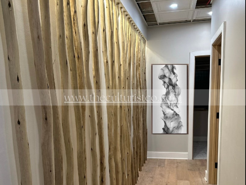 May include: A hallway with a natural wood slat wall on the left and a framed abstract black and white artwork on the right. The floor is light-colored wood, and the ceiling has a white tile pattern. The website address www.theculturistco.com is visible.