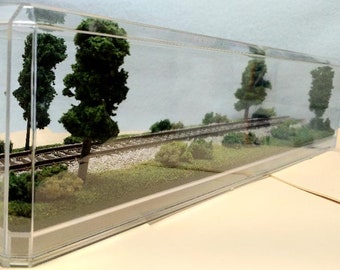 Op de afbeelding: Een miniatuur modeltreinscene in een transparante plastic vitrine. De scène toont een klein spoor met groene begroeiing en bomen aan beide kanten.