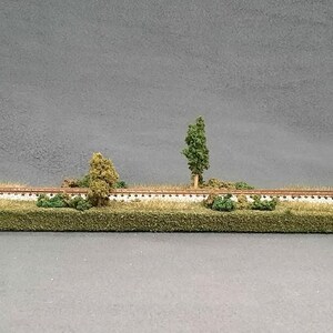 May include: A miniature model railroad scene featuring a grassy base with a track, small trees, and bushes. The scene includes a mix of green and brown foliage, creating a realistic landscape for model train enthusiasts.