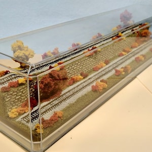 Puede incluir: Una escena de vía de tren en miniatura en una vitrina de acrílico transparente. La vía está rodeada por un muro de piedra y hojas de otoño. La escena está ambientada en un bosque con árboles y follaje.