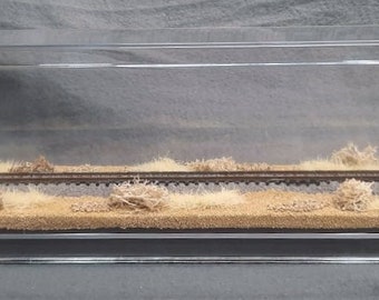 以下が含まれることがあります： 透明なアクリル製のディスプレイケースに入った、ミニチュアの鉄道模型の線路セット。線路は茶色の砂と茶色とベージュの小さな草の房で囲まれています。