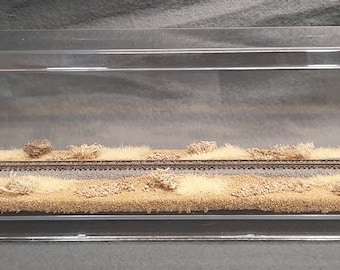以下が含まれることがあります： 透明なアクリル製のディスプレイケースで、中は茶色とベージュのテクスチャのベースになっています。ベースの中央には、細くて濃い茶色の線が走っています。