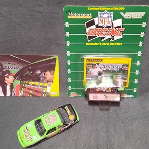 NASCAR - DALE JARRETT #18 -Lot = 1:64 Diecast Car & Racecard , 4&quot; #18 Car , Postcard w/ Dale Earnhardt Sr-