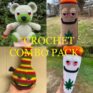May include: Crochet combo pack featuring a green bear holding a brown and orange joint, a brown and orange joint with a green leaf, a green and yellow striped bong with a green leaf, and a white joint with a green leaf and a smiling face.