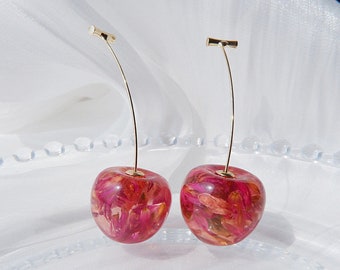 Cherry Earrings Dangle Dry Flower Resin Dangle Drop Fruit Cute Dainty Aesthetic Cool Korean Kpop Druzy Earring for Women, Gift For Her