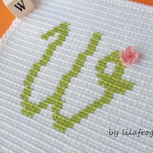 Puede incluir: Cuadrado de crochet blanco con una letra "W" verde y una flor rosa. El cuadrado está hecho con un punto de crochet que crea una superficie texturizada. El texto "by lilafrog" está en la esquina inferior derecha.