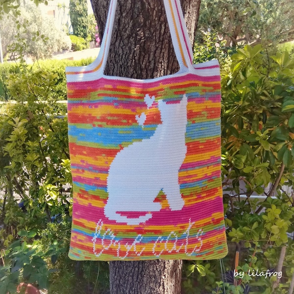 Borsa tote all'uncinetto con arazzo, borsa all'uncinetto con arazzo, borsa tote all'uncinetto, borsa silhouette gatto, borsa per gli amanti dei gatti, regalo per gli amanti dei gatti, Wayuu - MODELLO PDF
