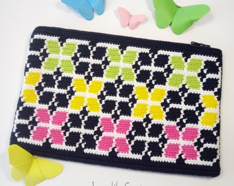 Tapestry crochet pouch pattern, Crochet zipper pouch, Tapestry Crochet handbag, Butterfly pouch, Modern Geometric Crochet Woman- PDF PATTERN