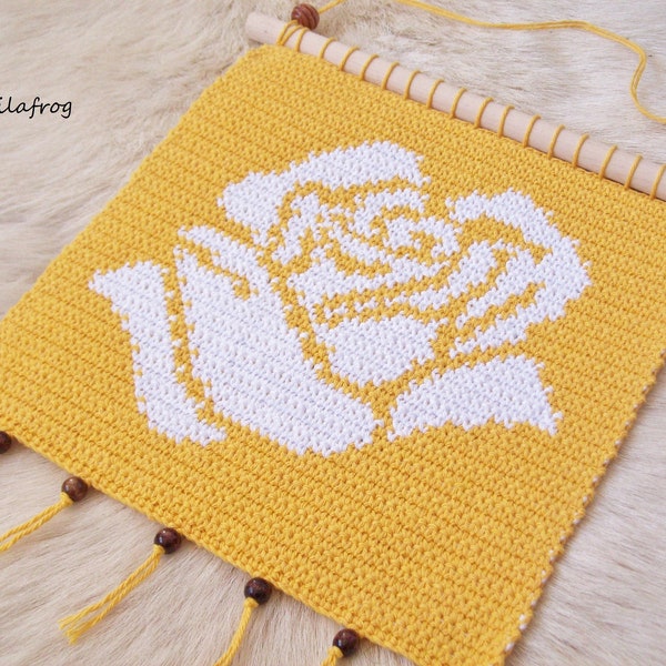 PATTERN - Rose Tapestry Crochet Wall Hanging, Reversible, Instant Download PDF in English and Spanish, DIY Tutorial