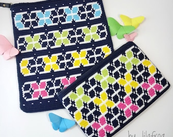 Tapestry Crochet Pouch and Bag Set Patterns, Crochet Handbag, Tapestry Crochet Crossbody Shoulder Bag, Butterfly Design, Wayuu - PDF PATTERN