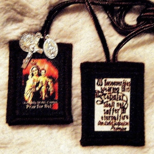 Colorful Our Lady of Mt Carmel Brown Scapular 100% Wool Handmade with Scapular Promise