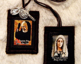 St Padre Pio Fatima Brown Scapular 100% Wool Made in USA