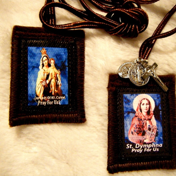 St Dymphna  and Our Lady of Mt Carmel Brown Scapular Hand made 100% Wool