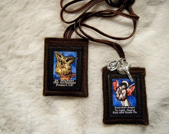 Guardian Angel and St Michael the Archangel Brown Scapular 100%Wool Handmade in USA
