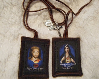 Sacred Hearts of Jesus and Mary Brown Scapular Hand Made in USA