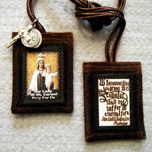 Gold Our Lady Of Mt. Carmel Scapular Promise Brown Scapular 100%Wool Handmade in USA
